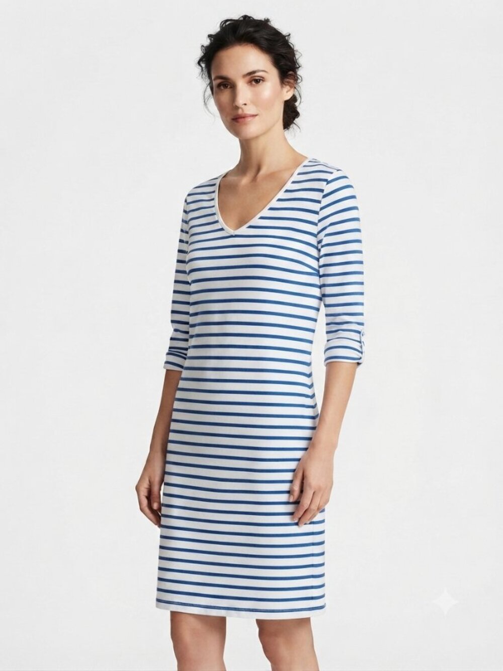 SAINT JAMES WHITE BLUE STRIPED V-NECK BACK KEYHOLE DRESS - 6